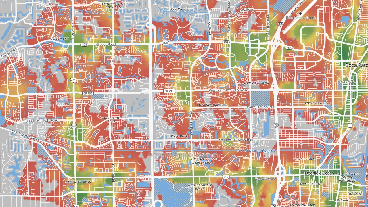 Walk Grade map of 33433, FL, walkable areas in green and car-dependent areas in red