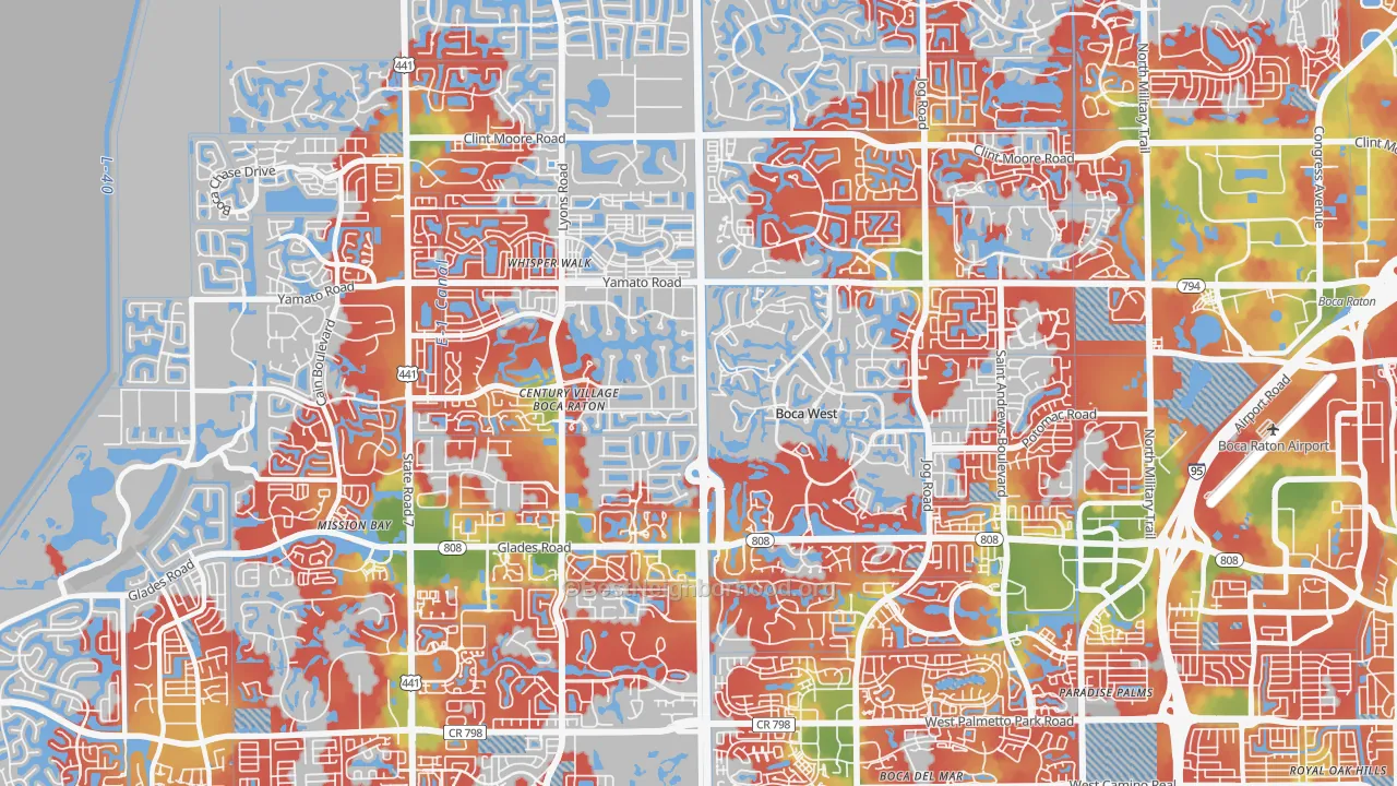 Walk Grade map of 33434, FL, walkable areas in green and car-dependent areas in red