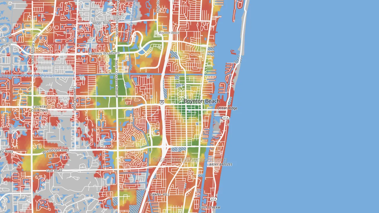 Walk Grade map of 33435, FL, walkable areas in green and car-dependent areas in red