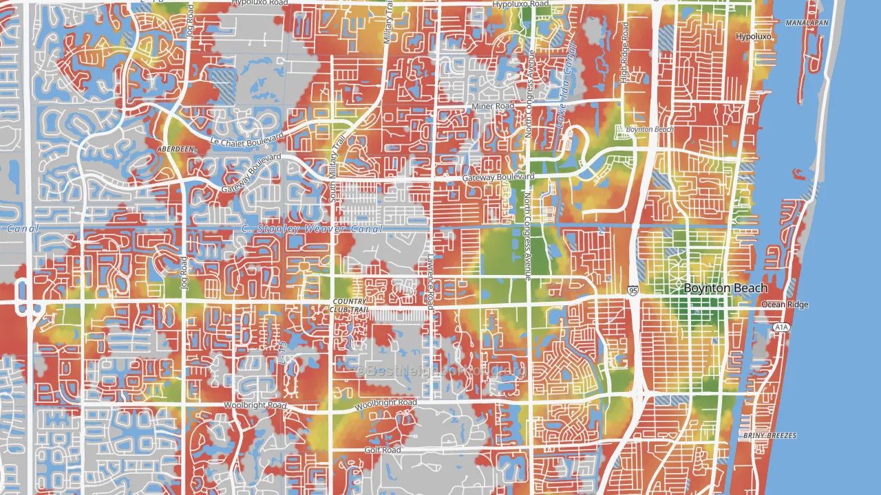 Walk Grade map of 33436, FL, walkable areas in green and car-dependent areas in red