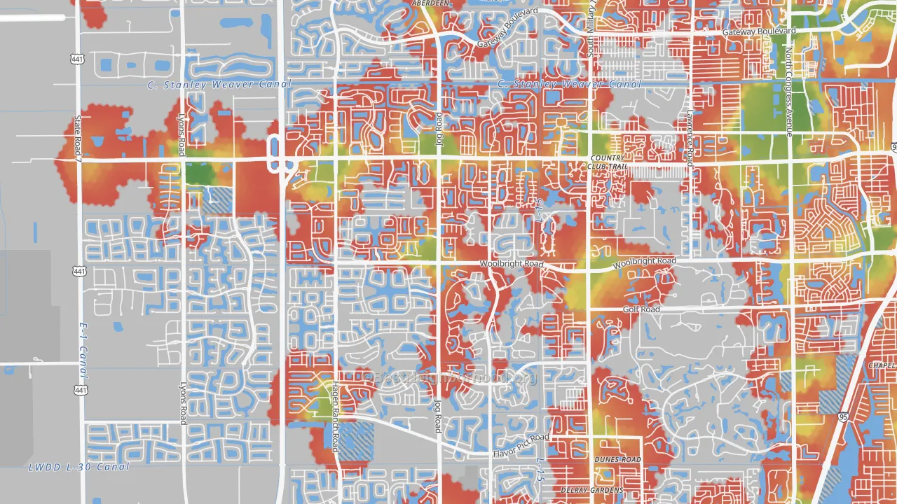 Walk Grade map of 33437, FL, walkable areas in green and car-dependent areas in red