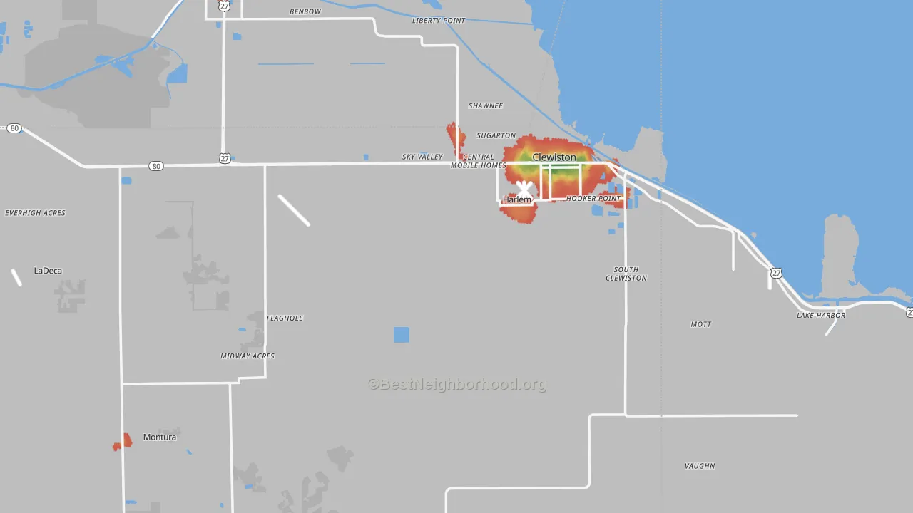 Walk Grade map of 33440, FL, walkable areas in green and car-dependent areas in red