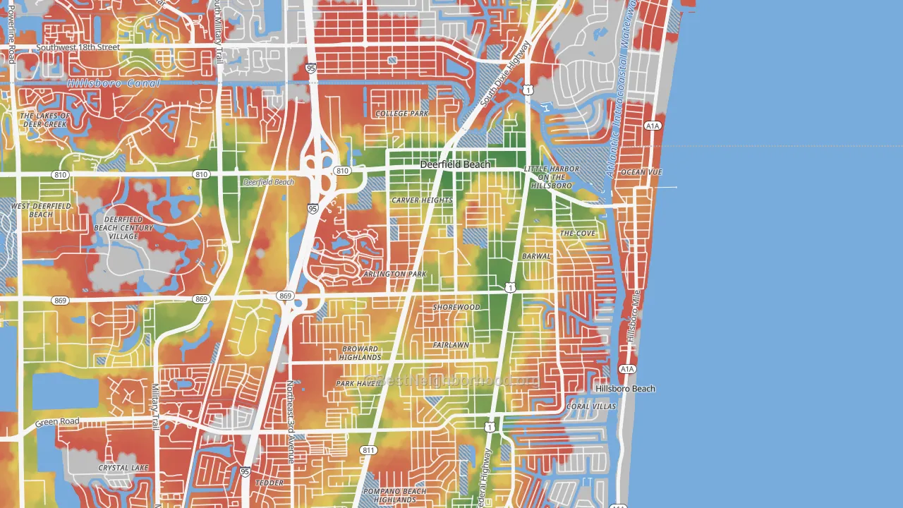 Walk Grade map of 33441, FL, walkable areas in green and car-dependent areas in red