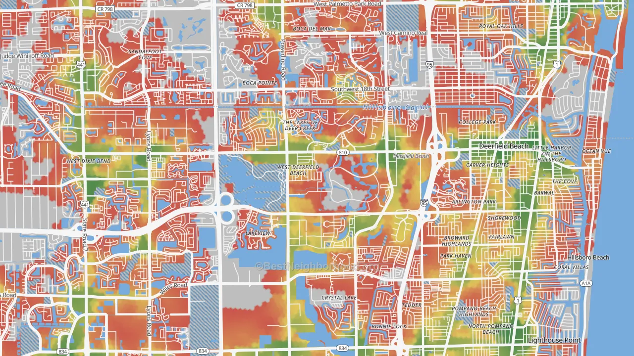 Walk Grade map of 33442, FL, walkable areas in green and car-dependent areas in red