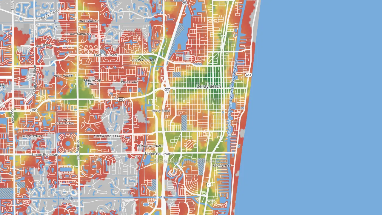 Walk Grade map of 33444, FL, walkable areas in green and car-dependent areas in red