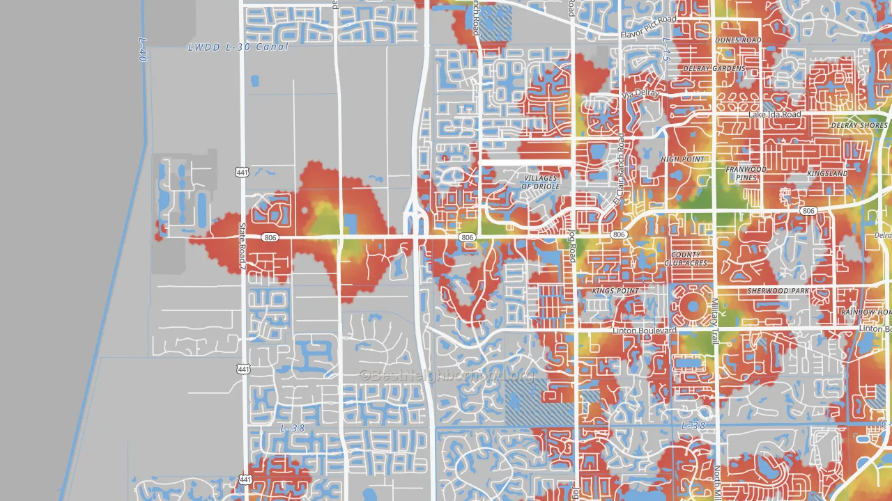 Walk Grade map of 33446, FL, walkable areas in green and car-dependent areas in red