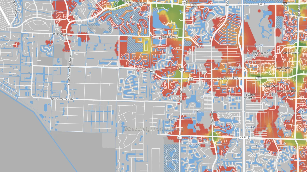 Walk Grade map of 33449, FL, walkable areas in green and car-dependent areas in red