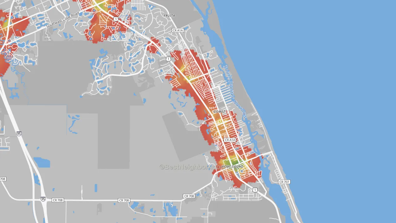 Walk Grade map of 33455, FL, walkable areas in green and car-dependent areas in red