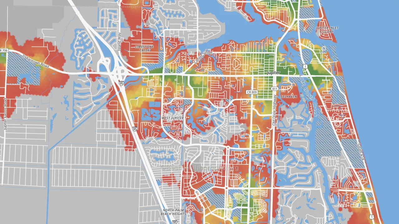 Walk Grade map of 33458, FL, walkable areas in green and car-dependent areas in red