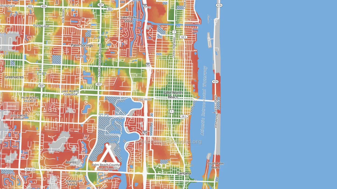 Walk Grade map of 33460, FL, walkable areas in green and car-dependent areas in red