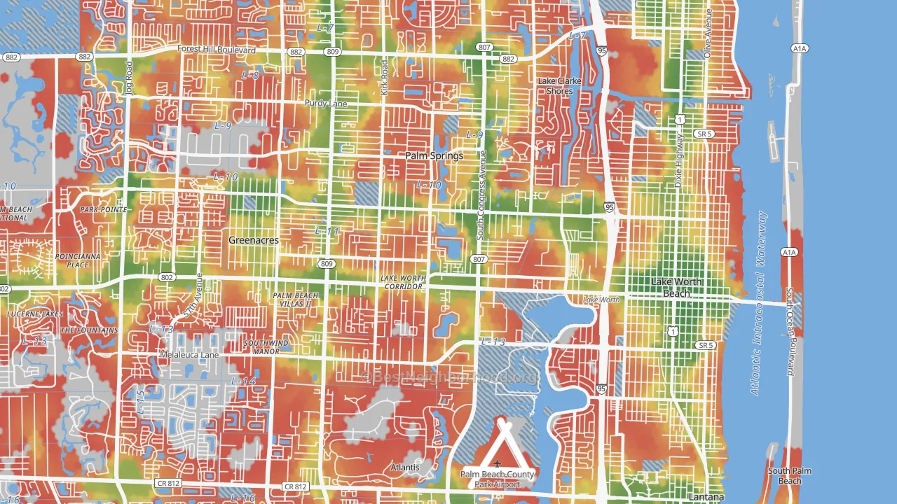 Walk Grade map of 33461, FL, walkable areas in green and car-dependent areas in red