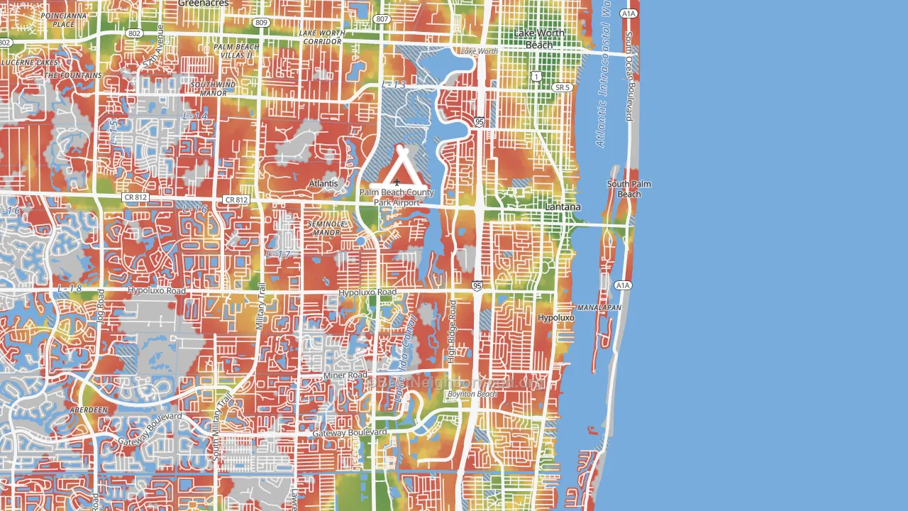 Walk Grade map of 33462, FL, walkable areas in green and car-dependent areas in red