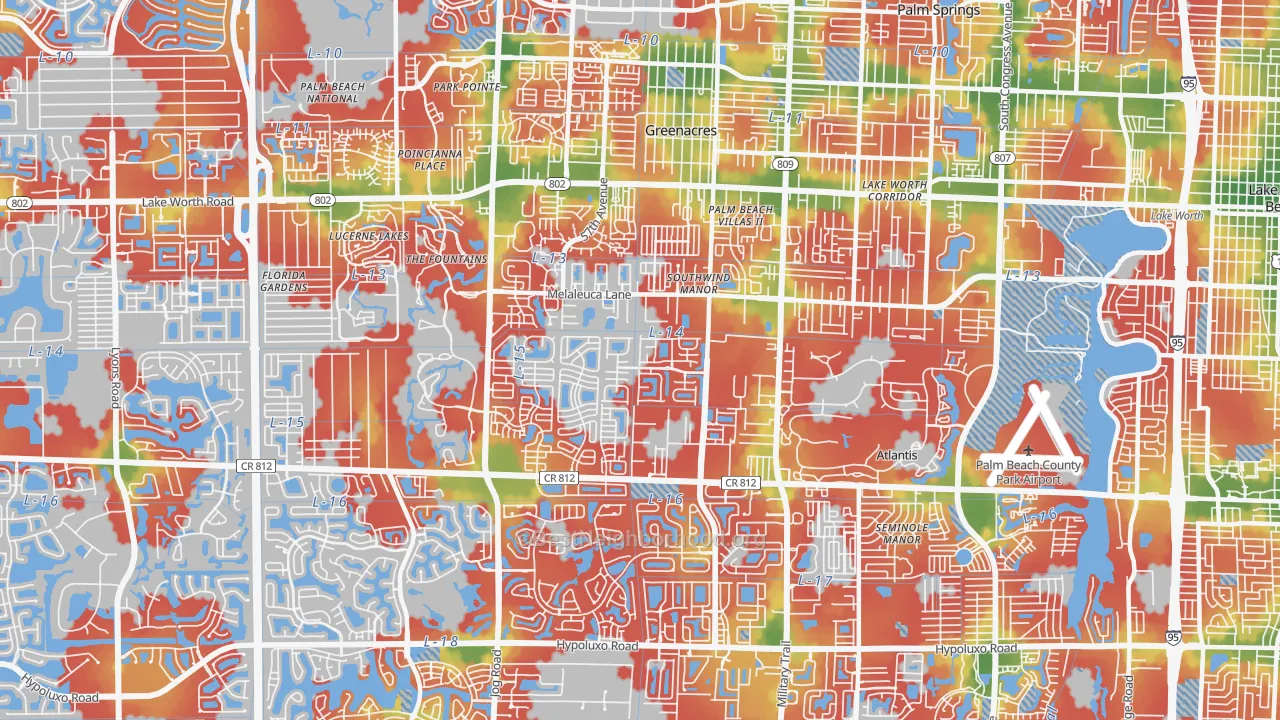Walk Grade map of 33463, FL, walkable areas in green and car-dependent areas in red