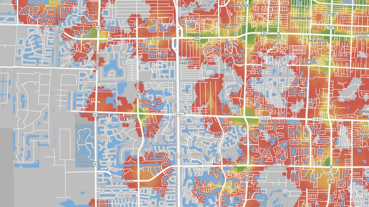 Walk Grade map of 33467, FL, walkable areas in green and car-dependent areas in red