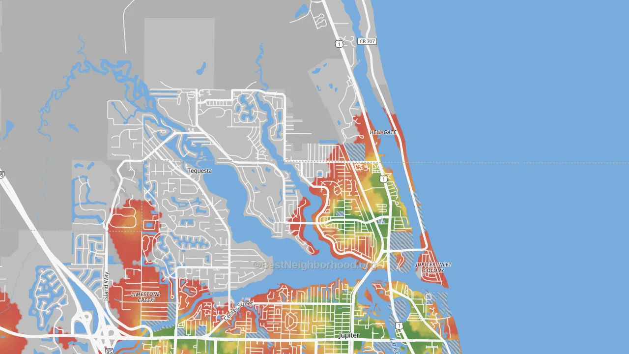 Walk Grade map of 33469, FL, walkable areas in green and car-dependent areas in red
