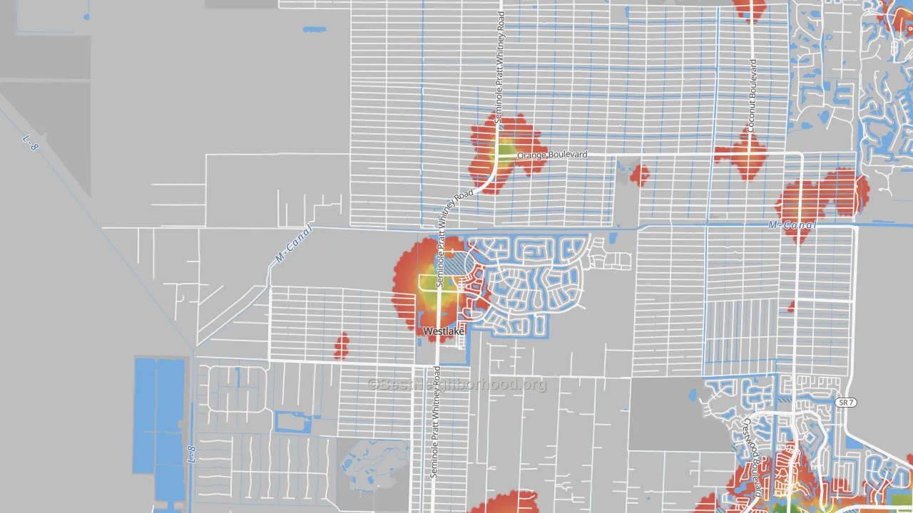 Walk Grade map of 33470, FL, walkable areas in green and car-dependent areas in red