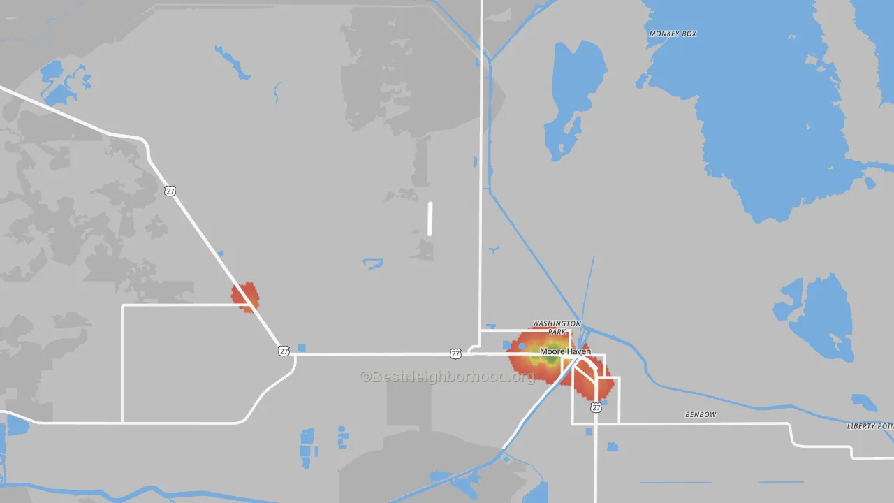 Walk Grade map of 33471, FL, walkable areas in green and car-dependent areas in red