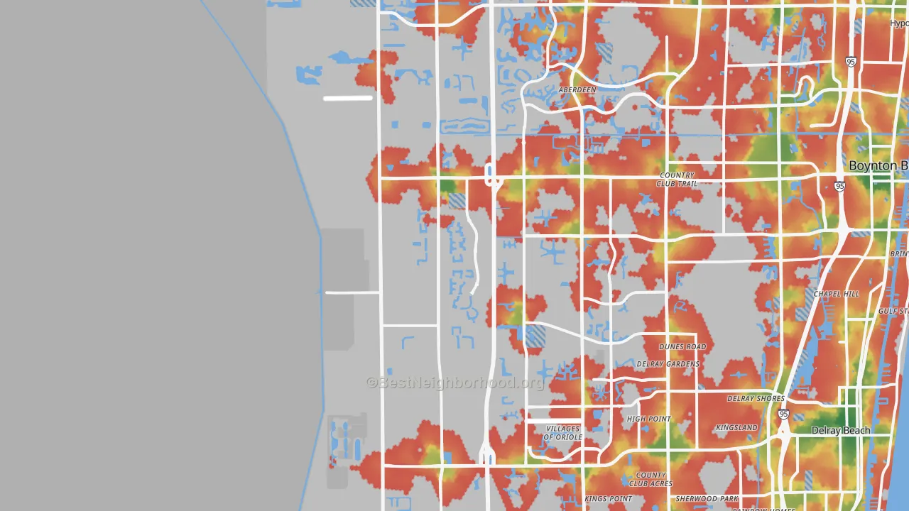 Walk Grade map of 33473, FL, walkable areas in green and car-dependent areas in red