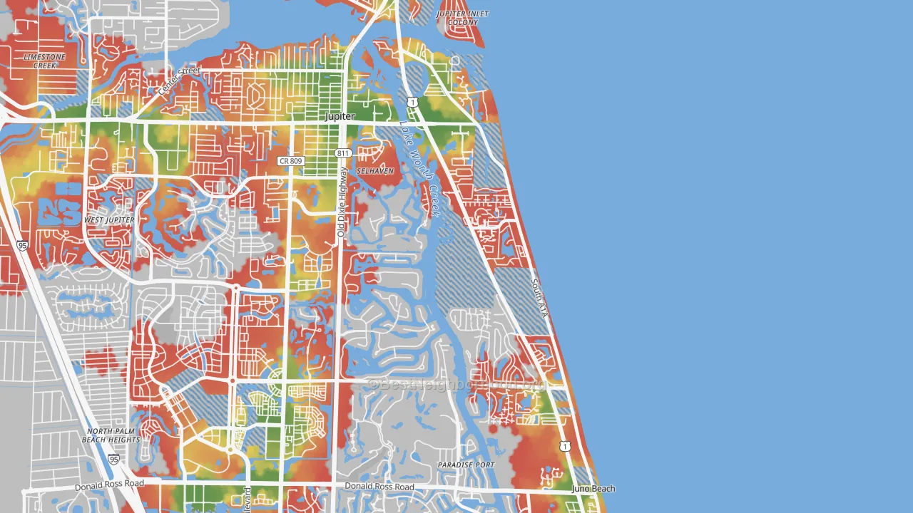 Walk Grade map of 33477, FL, walkable areas in green and car-dependent areas in red
