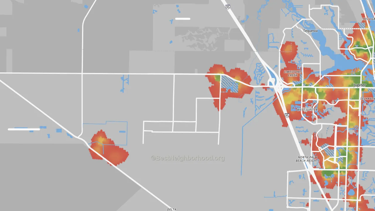 Walk Grade map of 33478, FL, walkable areas in green and car-dependent areas in red