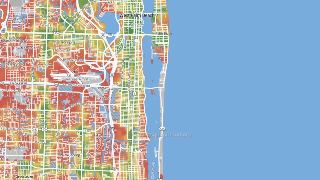 Walk Grade map of 33480, FL, walkable areas in green and car-dependent areas in red