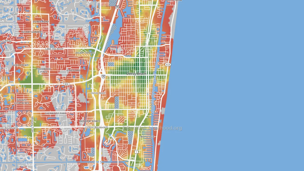 Walk Grade map of 33483, FL, walkable areas in green and car-dependent areas in red