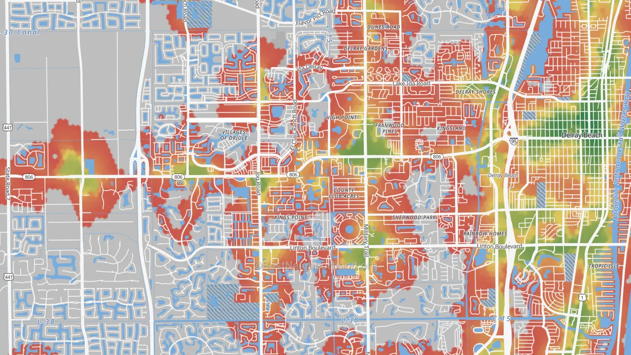 Walk Grade map of 33484, FL, walkable areas in green and car-dependent areas in red