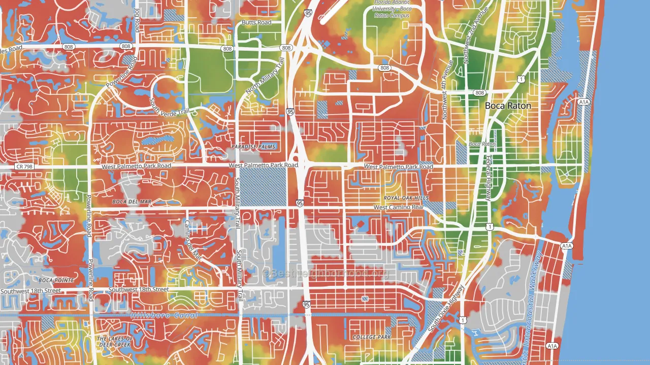 Walk Grade map of 33486, FL, walkable areas in green and car-dependent areas in red