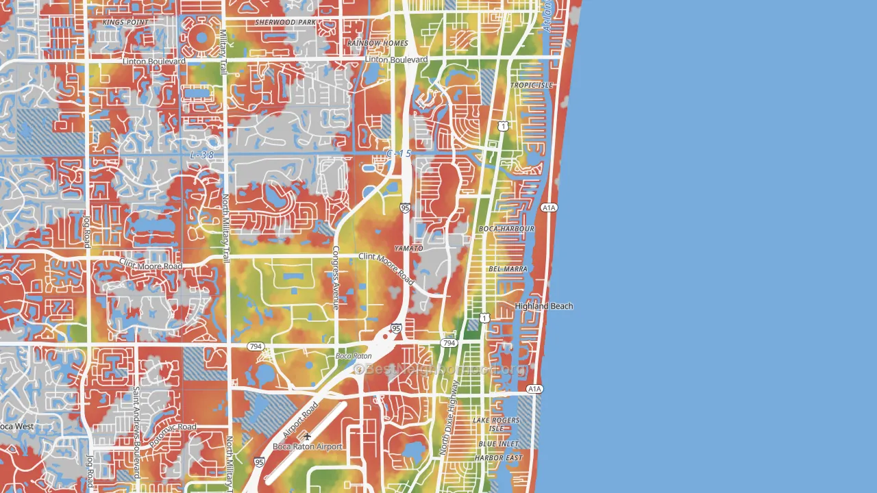 Walk Grade map of 33487, FL, walkable areas in green and car-dependent areas in red