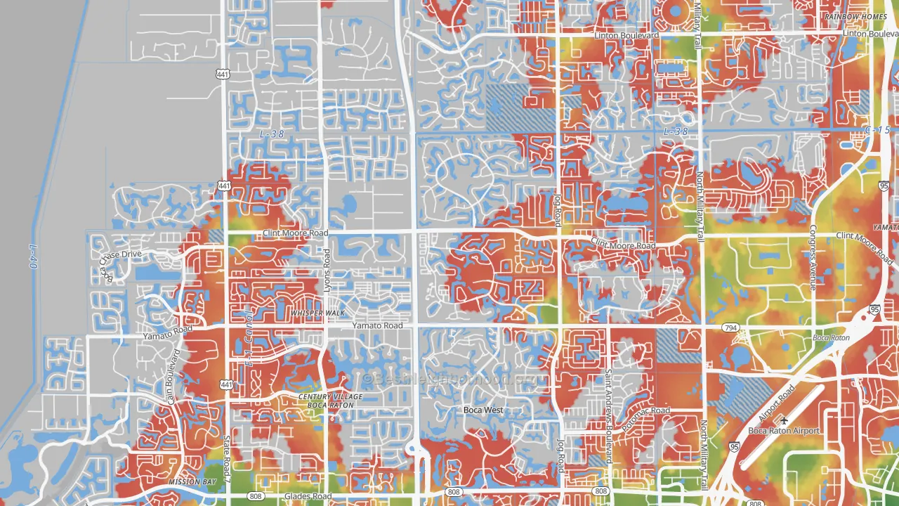 Walk Grade map of 33496, FL, walkable areas in green and car-dependent areas in red