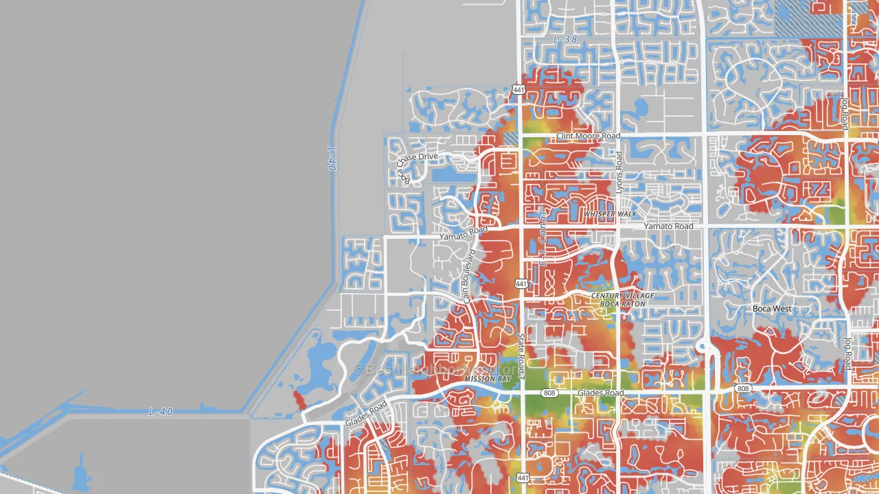 Walk Grade map of 33498, FL, walkable areas in green and car-dependent areas in red
