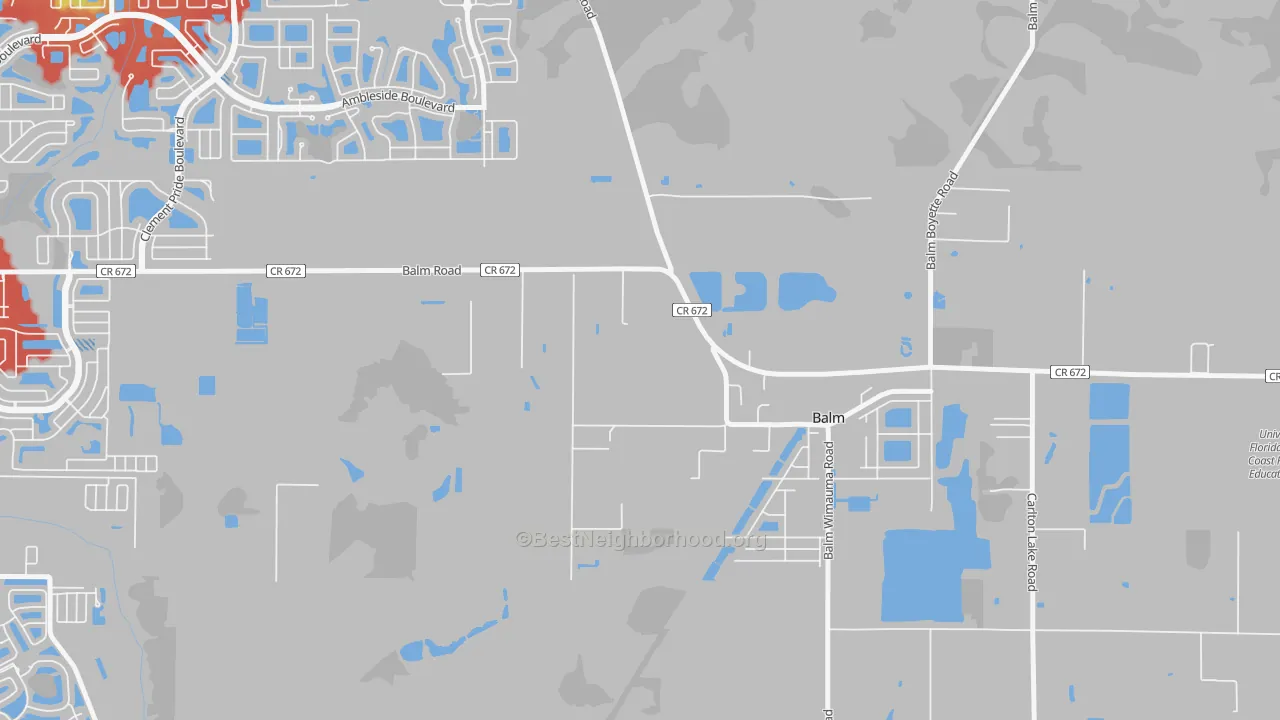 Walk Grade map of 33503, FL, walkable areas in green and car-dependent areas in red