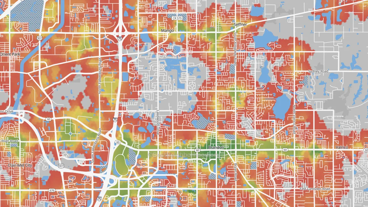 Walk Grade map of 33510, FL, walkable areas in green and car-dependent areas in red
