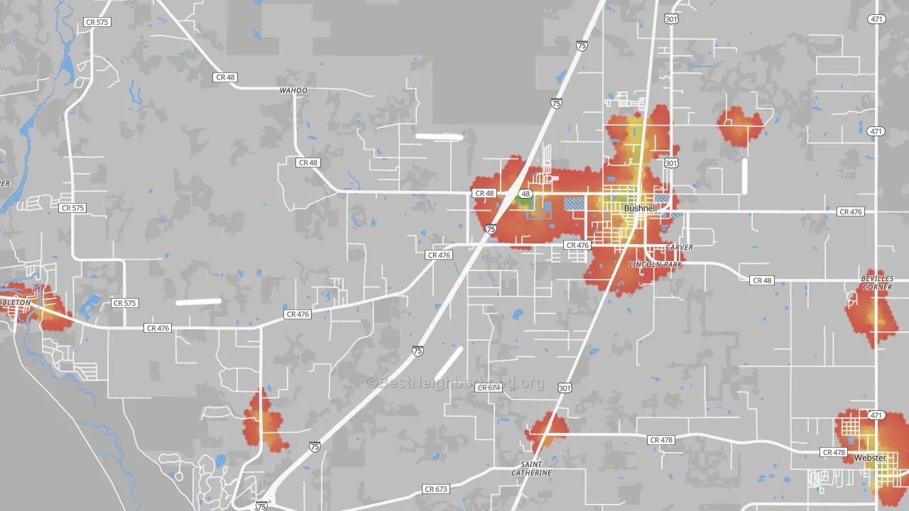 Walk Grade map of 33513, FL, walkable areas in green and car-dependent areas in red