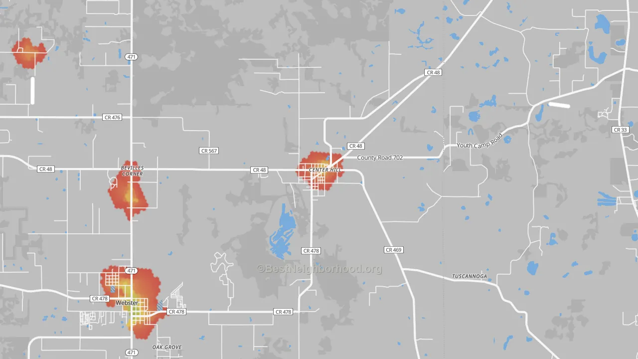 Walk Grade map of 33514, FL, walkable areas in green and car-dependent areas in red