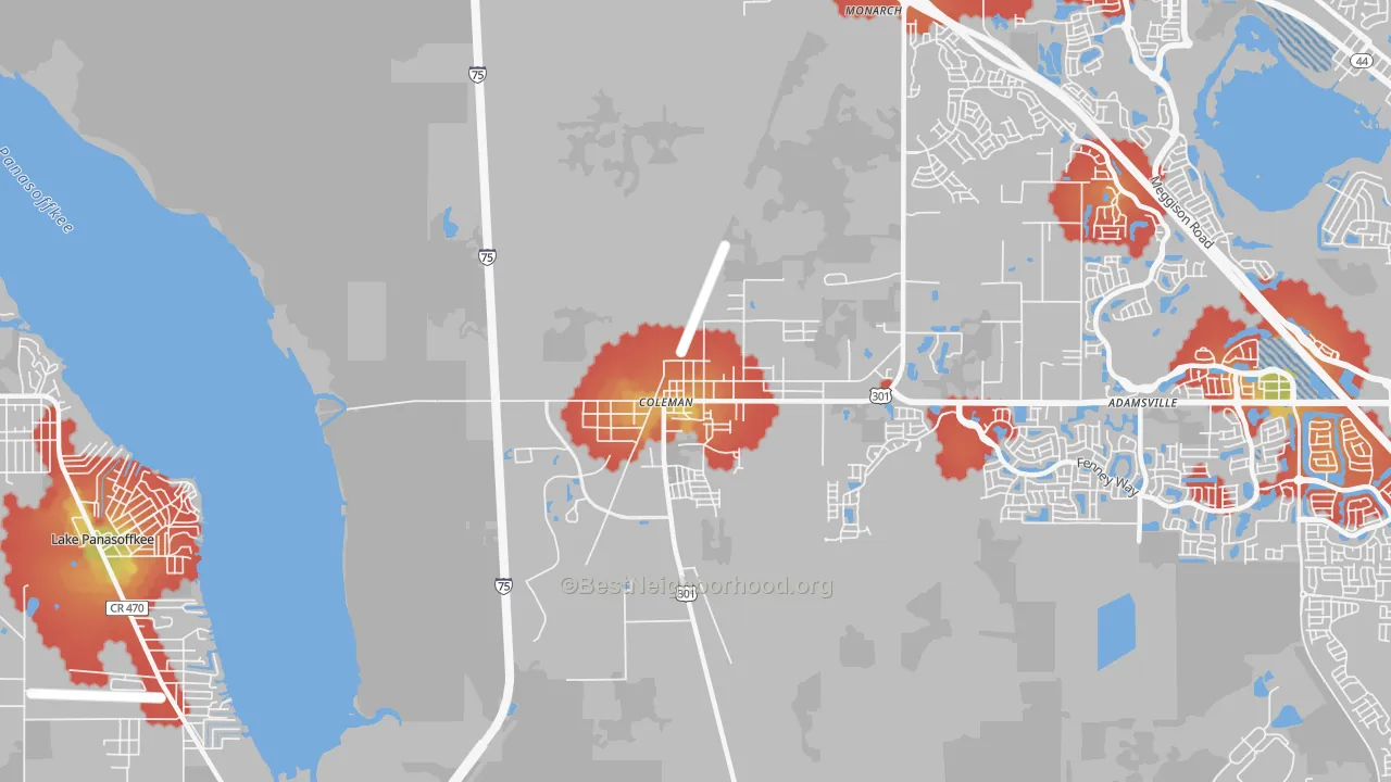 Walk Grade map of 33521, FL, walkable areas in green and car-dependent areas in red