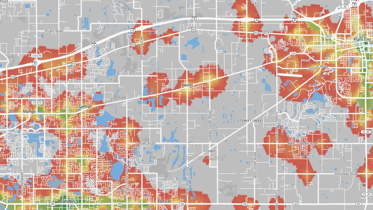 Walk Grade map of 33527, FL, walkable areas in green and car-dependent areas in red