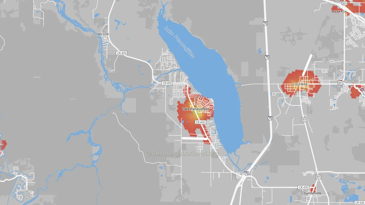 Walk Grade map of 33538, FL, walkable areas in green and car-dependent areas in red