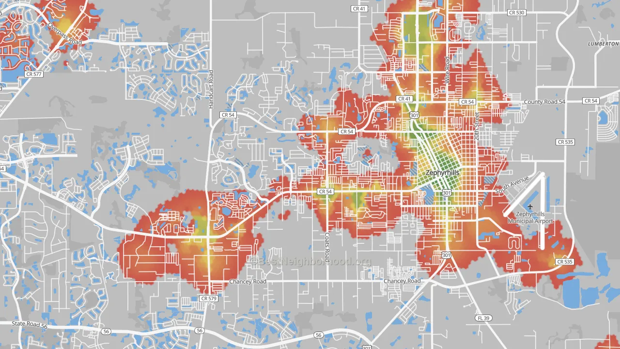 Walk Grade map of 33541, FL, walkable areas in green and car-dependent areas in red