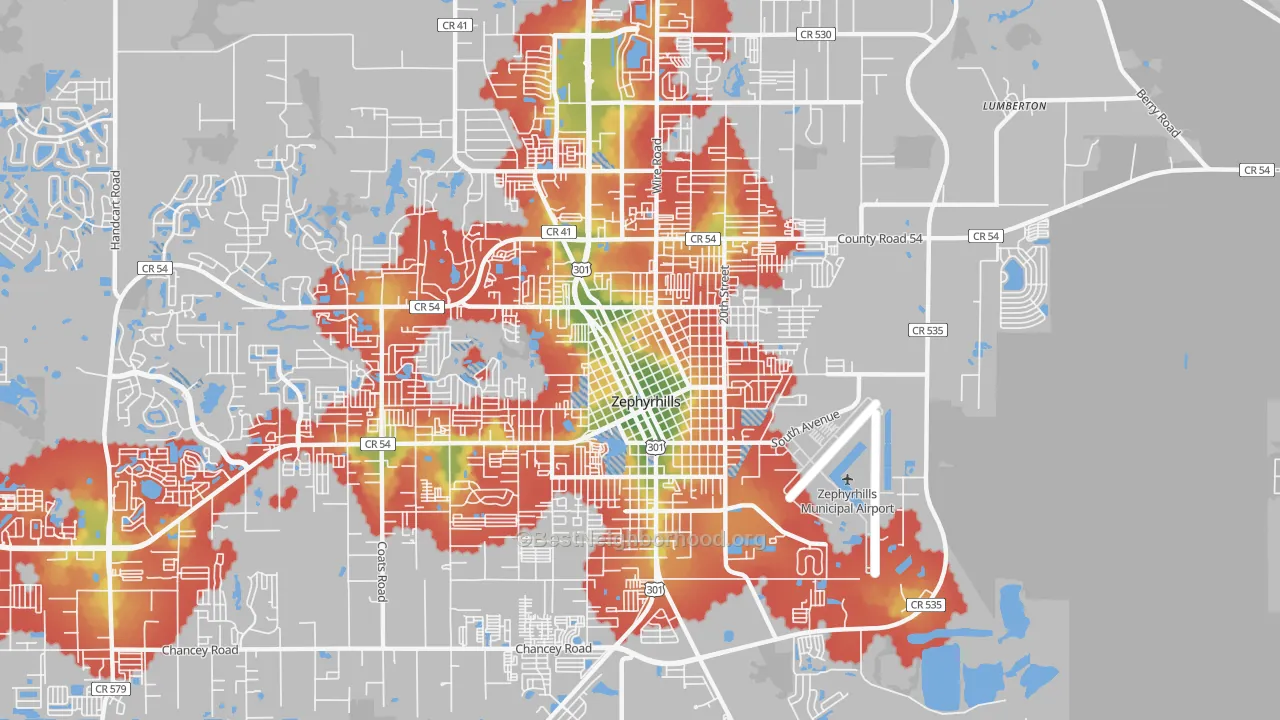 Walk Grade map of 33542, FL, walkable areas in green and car-dependent areas in red