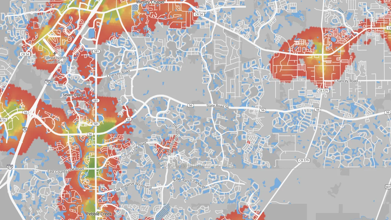 Walk Grade map of 33543, FL, walkable areas in green and car-dependent areas in red