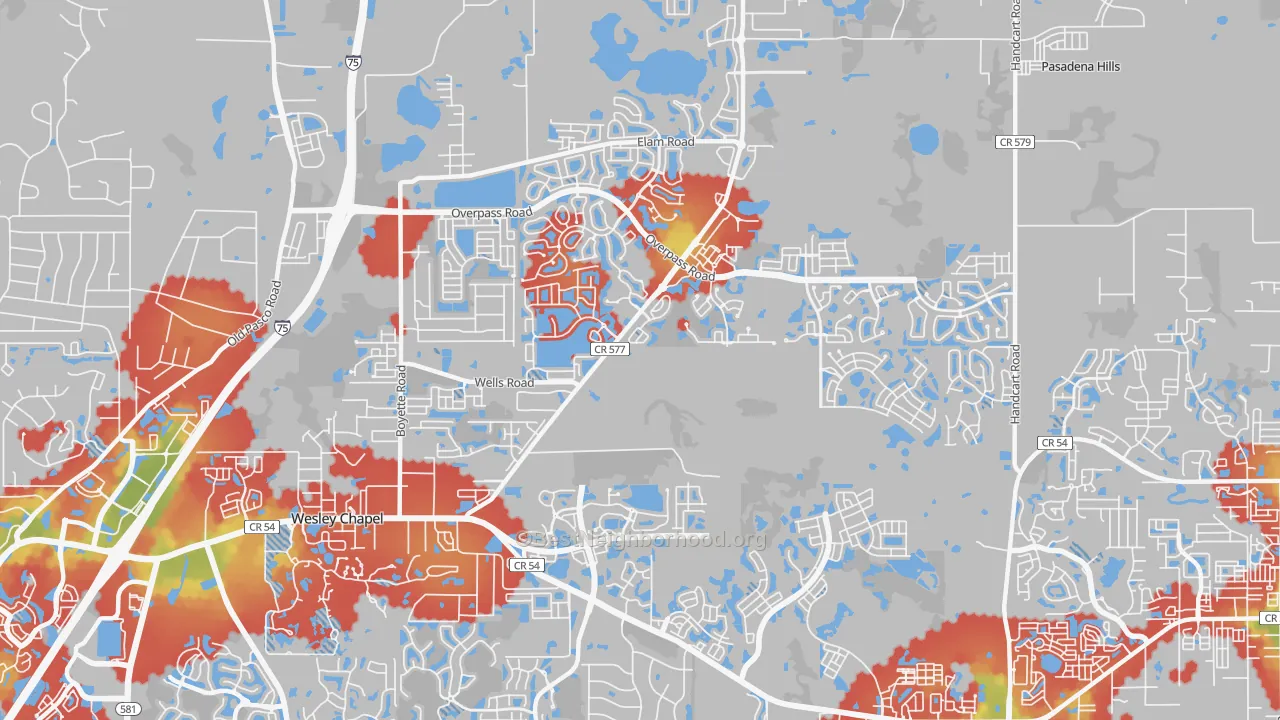 Walk Grade map of 33545, FL, walkable areas in green and car-dependent areas in red