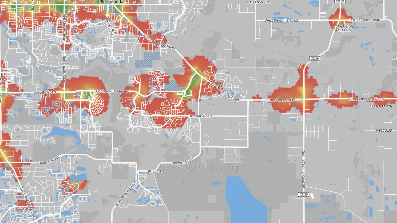 Walk Grade map of 33547, FL, walkable areas in green and car-dependent areas in red