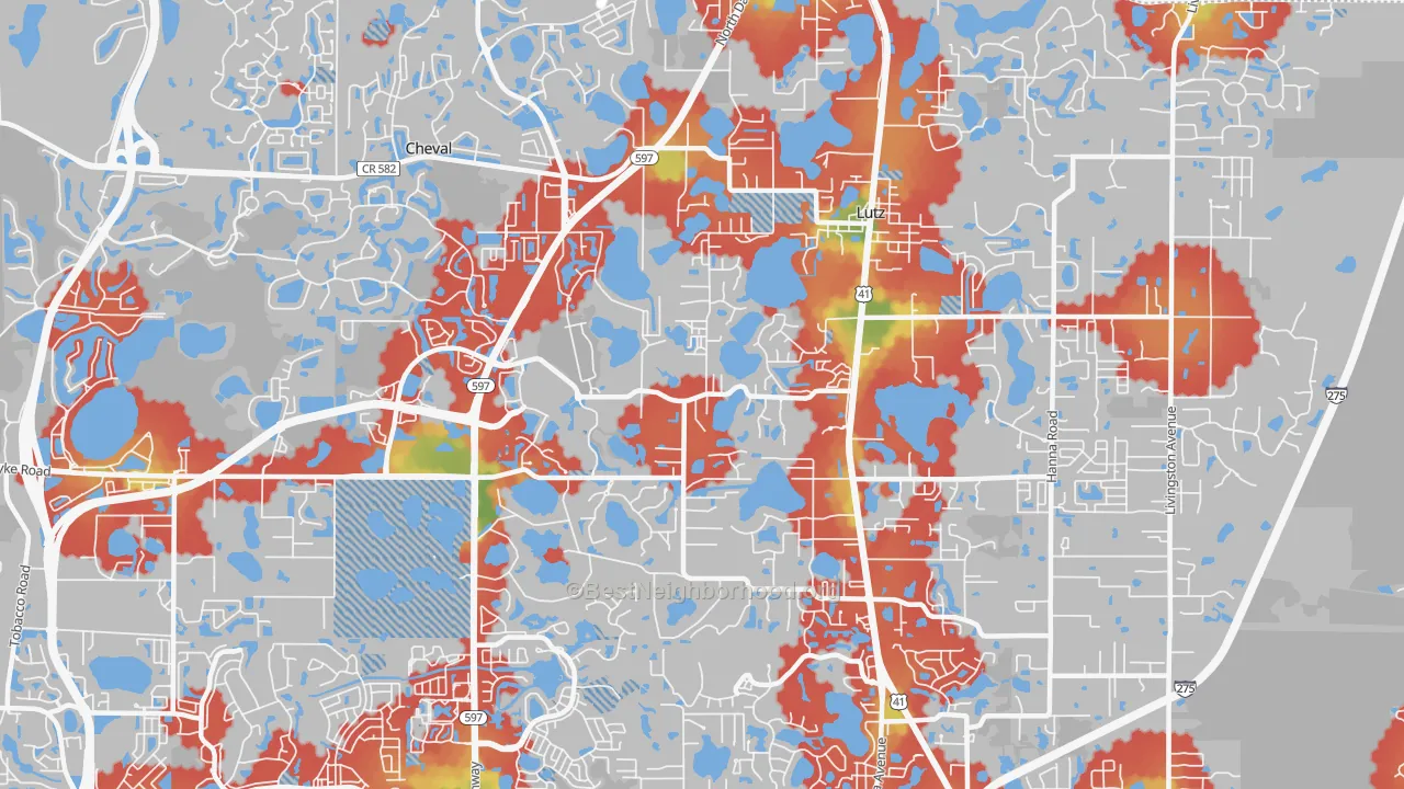 Walk Grade map of 33548, FL, walkable areas in green and car-dependent areas in red