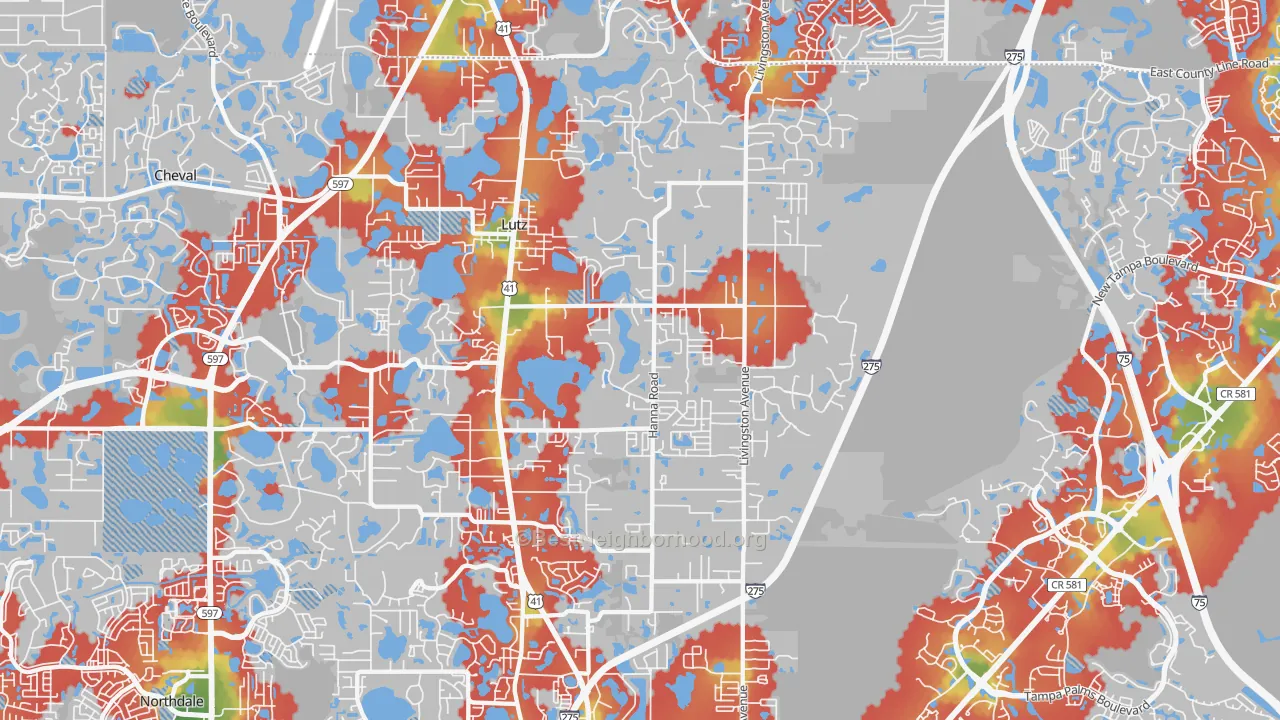 Walk Grade map of 33549, FL, walkable areas in green and car-dependent areas in red