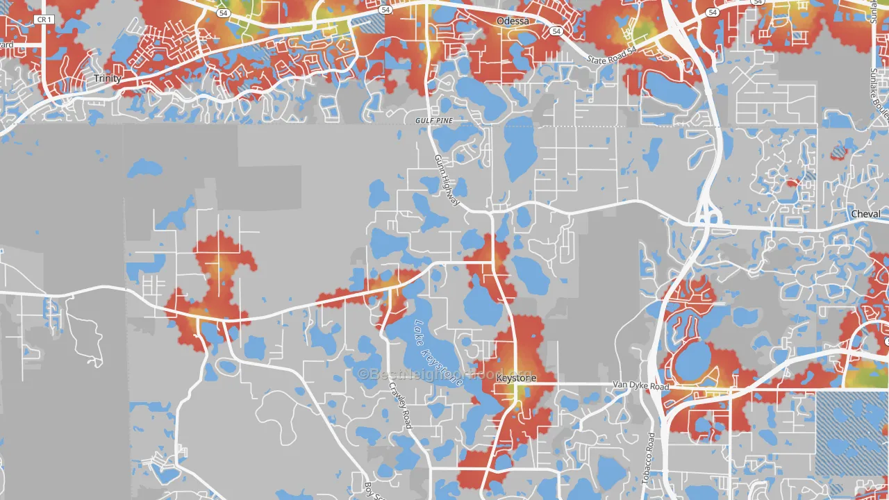 Walk Grade map of 33556, FL, walkable areas in green and car-dependent areas in red