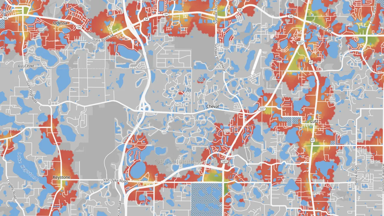 Walk Grade map of 33558, FL, walkable areas in green and car-dependent areas in red