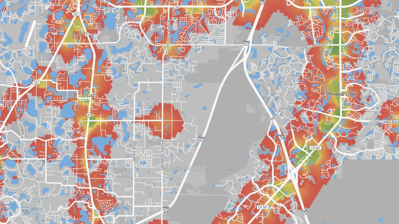 Walk Grade map of 33559, FL, walkable areas in green and car-dependent areas in red
