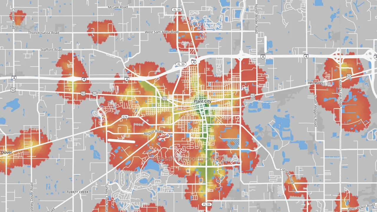 Walk Grade map of 33563, FL, walkable areas in green and car-dependent areas in red