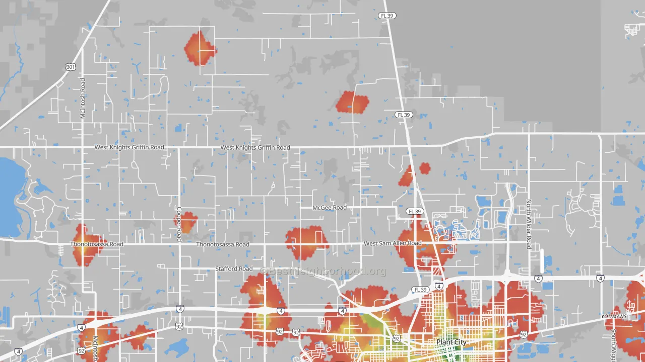Walk Grade map of 33565, FL, walkable areas in green and car-dependent areas in red